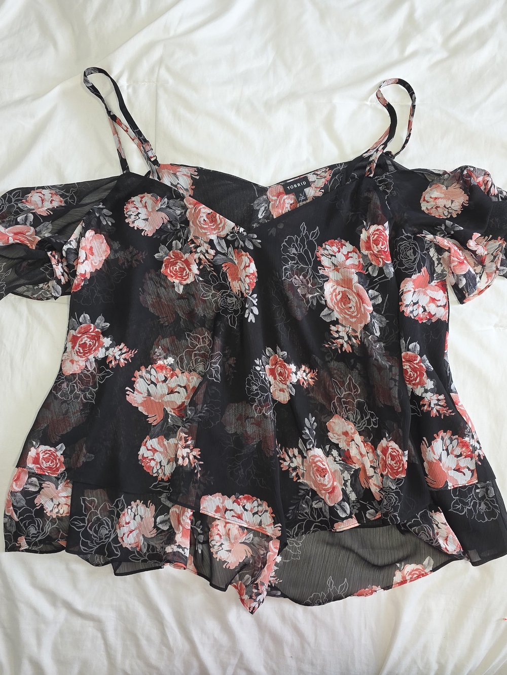 torrid Black Floral Cold-Shoulder Blouse with Pink Roses